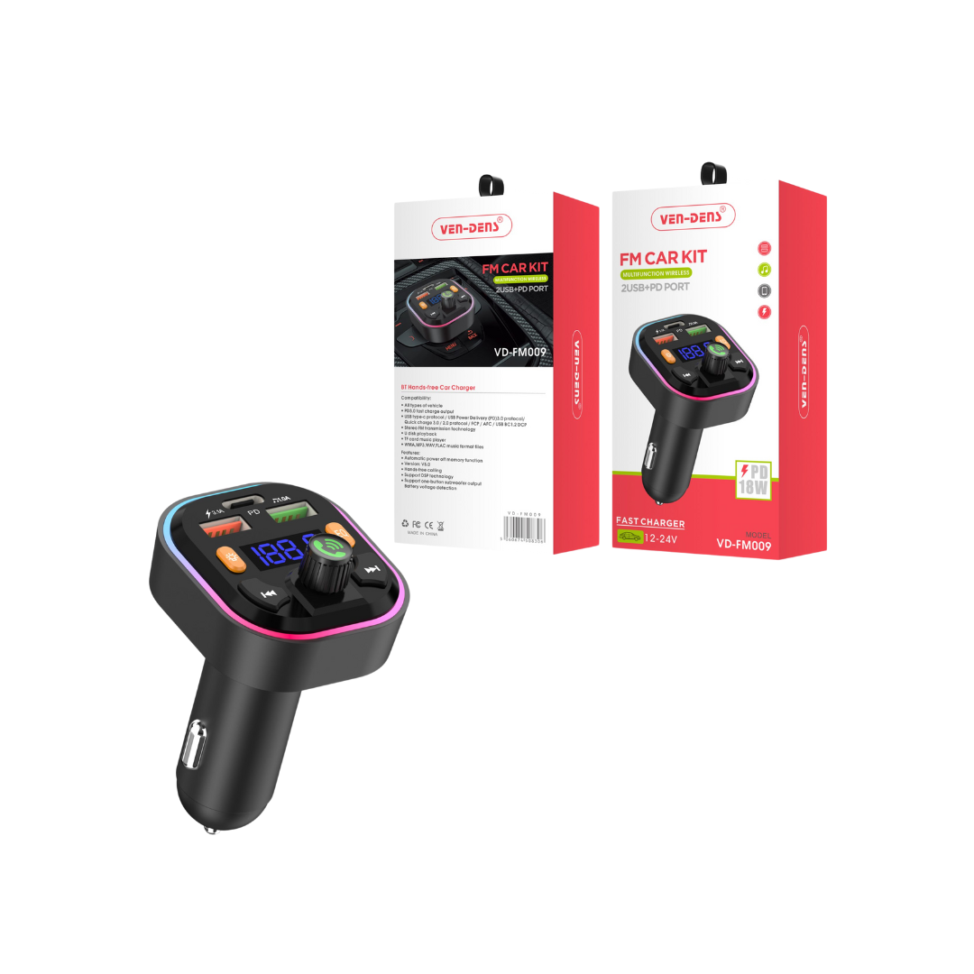 Car Charger & Bluetooth FM Player with 2 USB + PD Port, Multi-Functional, VD-FM009